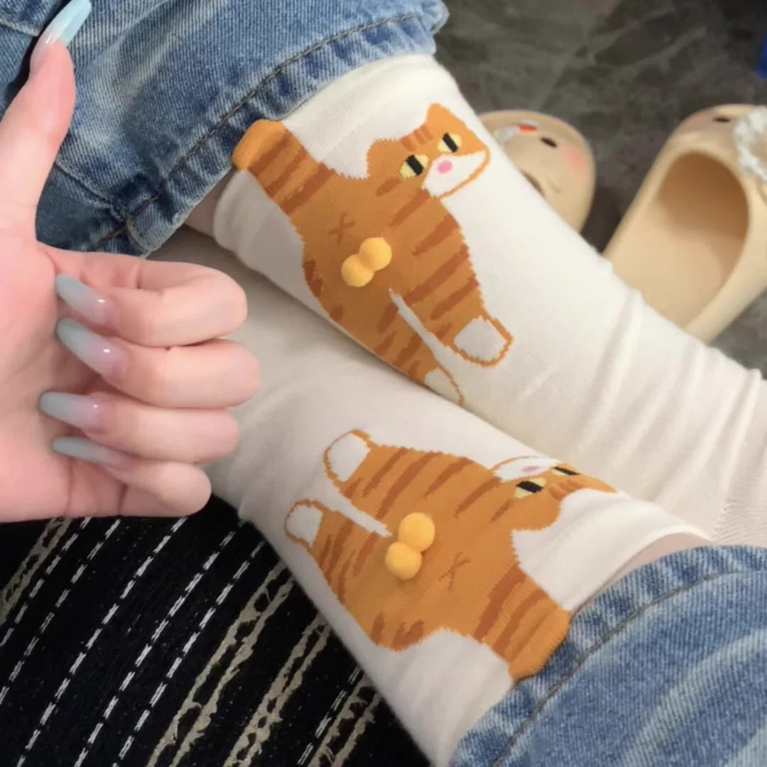 Cartoon Cute Cat Balls Cotton Socks Kawaii Lolita Knitting Socks Women Girls Middle Tube Sleep Sock Cat Print Floor Sock