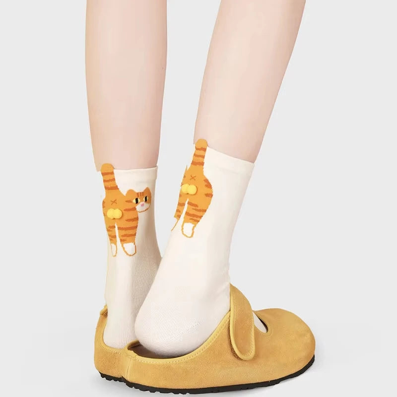 Cartoon Cute Cat Balls Cotton Socks Kawaii Lolita Knitting Socks Women Girls Middle Tube Sleep Sock Cat Print Floor Sock