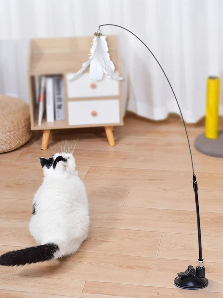 Cat Toy Feather Stick Interactive Toy Super Suction Kitten Toy Cup Removable 2 Feather Replacement Cat Accessories
